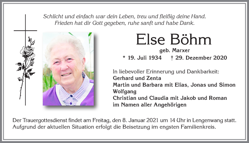  Traueranzeige für Else Böhm vom 05.01.2021 aus Allgäuer Zeitung