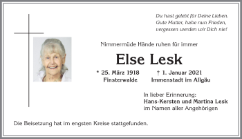Traueranzeige von Else Lesk von Allgäuer Anzeigeblatt