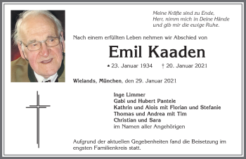 Traueranzeige von Emil Kaaden von Allgäuer Zeitung, Marktoberdorf