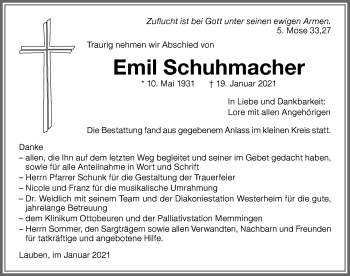 Traueranzeige von Emil Schuhmacher von Memminger Zeitung