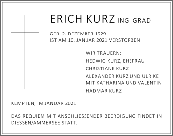 Traueranzeige von Erich Kurz von Allgäuer Zeitung,Kempten