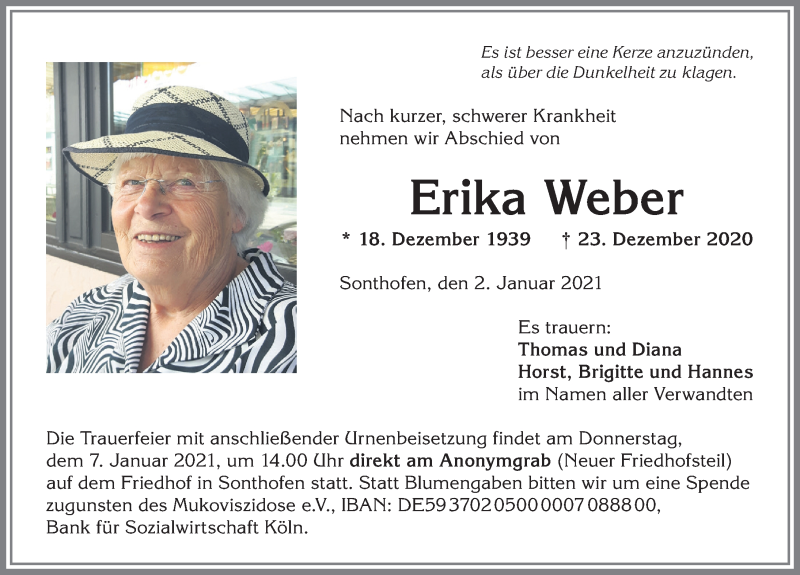  Traueranzeige für Erika Weber vom 02.01.2021 aus Allgäuer Anzeigeblatt