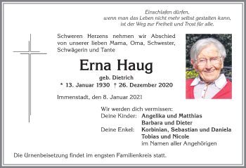 Traueranzeige von Erna Haug von Allgäuer Anzeigeblatt
