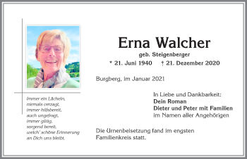 Traueranzeige von Erna Walcher von Allgäuer Anzeigeblatt