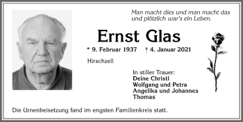 Traueranzeige von Ernst Glas von Allgäuer Zeitung, Kaufbeuren/Buchloe