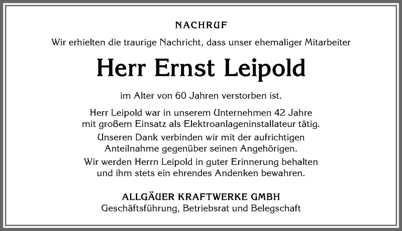  Traueranzeige für Ernst Leipold vom 05.01.2021 aus Allgäuer Anzeigeblatt