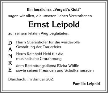 Traueranzeige von Ernst Leipold von Allgäuer Anzeigeblatt