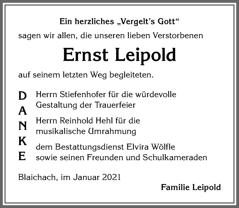  Traueranzeige für Ernst Leipold vom 02.01.2021 aus Allgäuer Anzeigeblatt