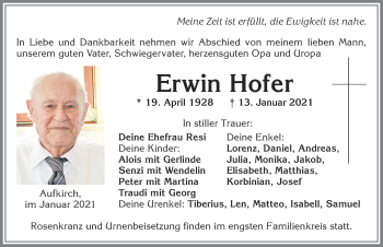 Traueranzeige von Erwin Hofer von Allgäuer Zeitung, Kaufbeuren/Buchloe