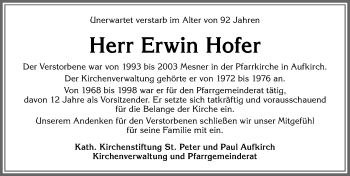 Traueranzeige von Erwin Hofer von Allgäuer Zeitung, Kaufbeuren/Buchloe