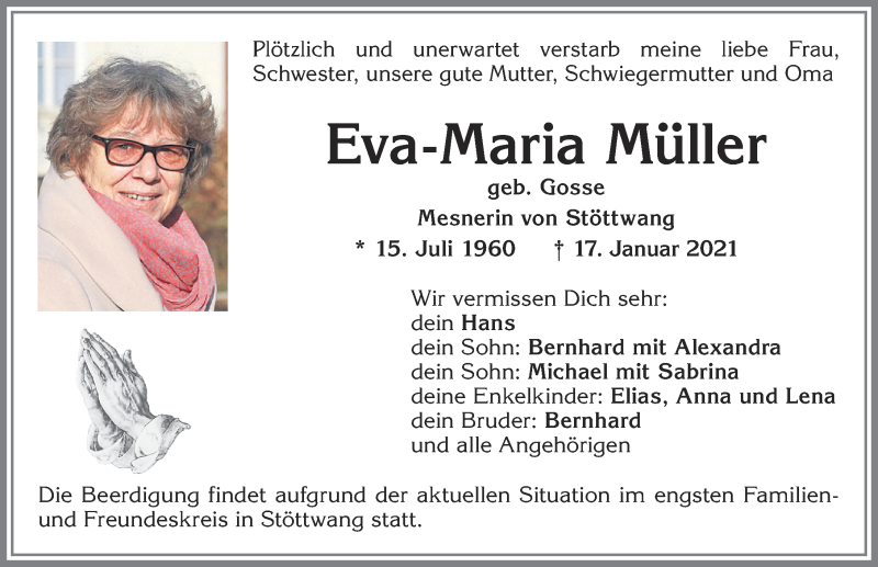  Traueranzeige für Eva-Maria Müller vom 21.01.2021 aus Allgäuer Zeitung, Kaufbeuren/Buchloe