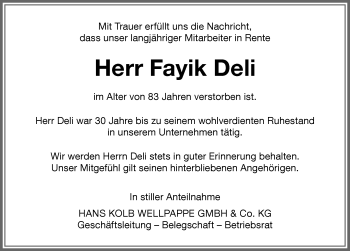 Traueranzeige von Fayik Deli von Memminger Zeitung