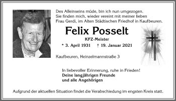 Traueranzeige von Felix Posselt von Allgäuer Zeitung, Kaufbeuren/Buchloe