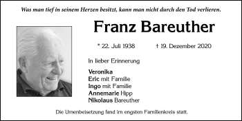 Traueranzeige von Franz Bareuther von Allgäuer Zeitung, Marktoberdorf