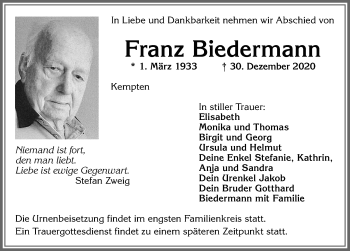 Traueranzeige von Franz Biedermann von Allgäuer Zeitung,Kempten