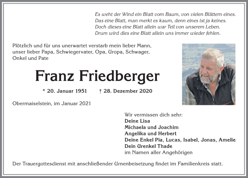  Traueranzeige für Franz Friedberger vom 09.01.2021 aus Allgäuer Anzeigeblatt