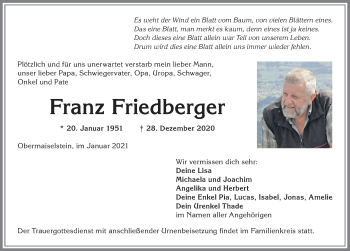 Traueranzeige von Franz Friedberger von Allgäuer Anzeigeblatt