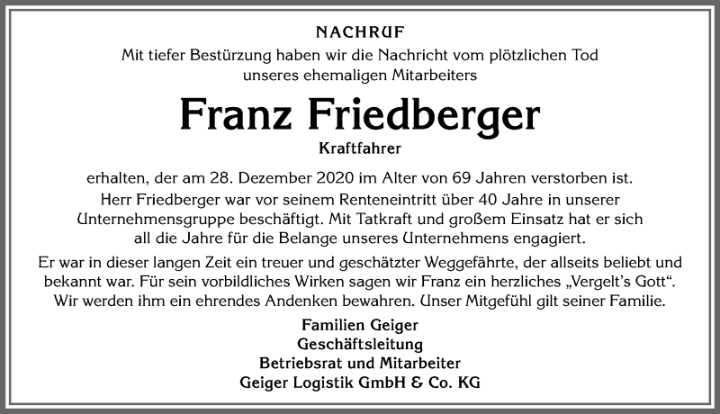  Traueranzeige für Franz Friedberger vom 09.01.2021 aus Allgäuer Anzeigeblatt