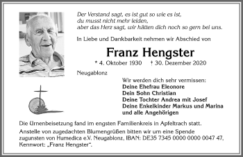 Traueranzeige von Franz Hengster von Allgäuer Zeitung, Kaufbeuren/Buchloe