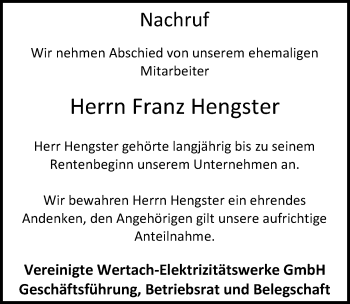 Traueranzeige von Franz Hengster von Allgäuer Zeitung, Kaufbeuren/Buchloe