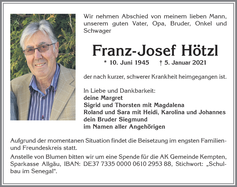  Traueranzeige für Franz-Josef Hötzl vom 09.01.2021 aus Allgäuer Zeitung,Kempten