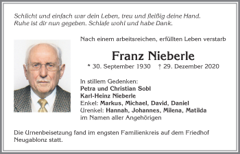 Traueranzeige von Franz Nieberle von Allgäuer Zeitung, Kaufbeuren/Buchloe