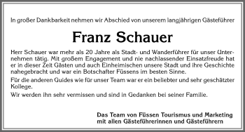 Traueranzeige von Franz Schauer von Allgäuer Zeitung, Füssen