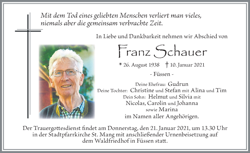  Traueranzeige für Franz Schauer vom 16.01.2021 aus Allgäuer Zeitung, Füssen