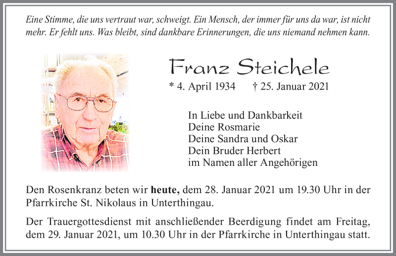  Traueranzeige für Franz Steichele vom 28.01.2021 aus Allgäuer Zeitung, Marktoberdorf