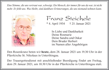 Traueranzeige von Franz Steichele von Allgäuer Zeitung, Marktoberdorf
