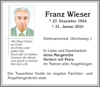 Traueranzeige von Franz Wieser von Allgäuer Zeitung,Kempten