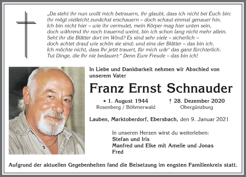 Traueranzeige für Franz Ernst Schnauder vom 09.01.2021 aus Allgäuer Zeitung, Marktoberdorf