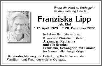 Traueranzeige von Franziska Lipp von Allgäuer Zeitung,Kempten