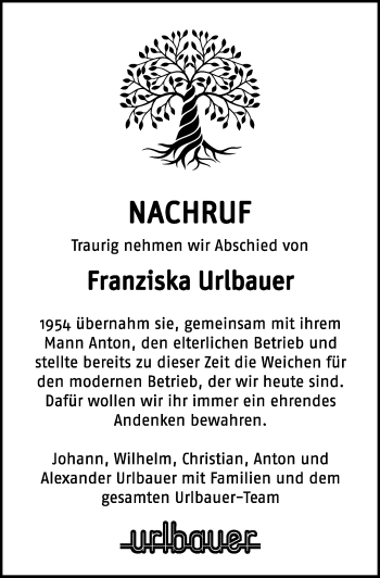 Traueranzeige von Franziska Urlbauer von Allgäuer Zeitung, Marktoberdorf