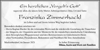 Traueranzeige von Franziska Zimmerhackl von Allgäuer Zeitung, Marktoberdorf