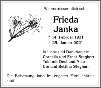 Traueranzeige von Frieda Janka von Allgäuer Zeitung,Kempten