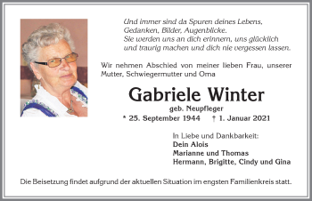 Traueranzeige von Gabriele Winter von Allgäuer Zeitung, Kaufbeuren/Buchloe
