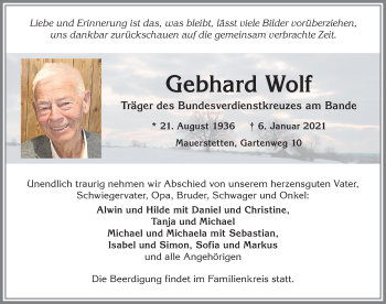 Traueranzeige von Gebhard Wolf von Allgäuer Zeitung, Kaufbeuren/Buchloe