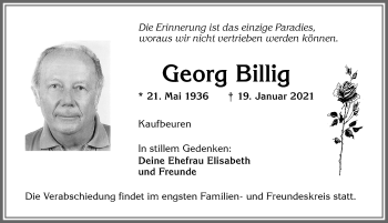 Traueranzeige von Georg Billig von Allgäuer Zeitung, Kaufbeuren/Buchloe