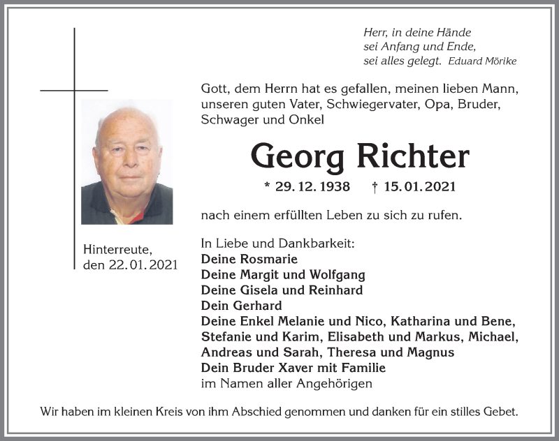 Traueranzeige für Georg Richter vom 22.01.2021 aus Allgäuer Anzeigeblatt