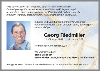 Traueranzeige von Georg Riedmiller von Memminger Zeitung