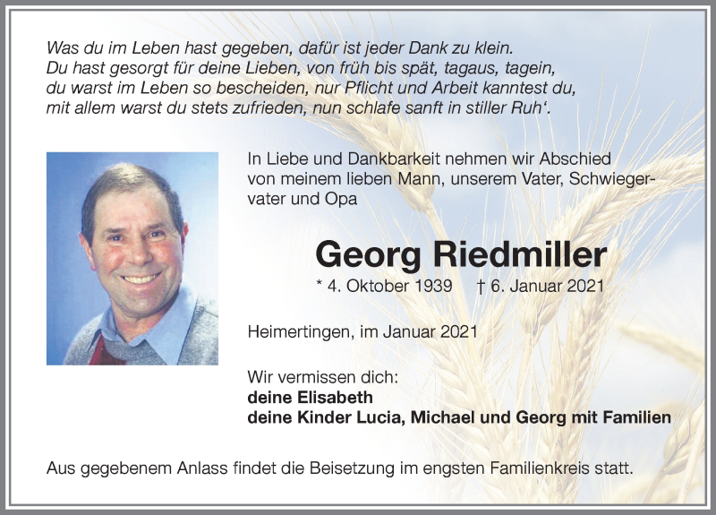  Traueranzeige für Georg Riedmiller vom 09.01.2021 aus Memminger Zeitung