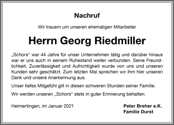 Traueranzeige von Georg Riedmiller von Memminger Zeitung