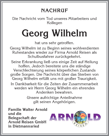 Traueranzeige von Georg Wilhelm von Allgäuer Zeitung,Kempten