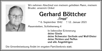 Traueranzeige von Gerhard Böttcher von Allgäuer Zeitung, Kaufbeuren/Buchloe