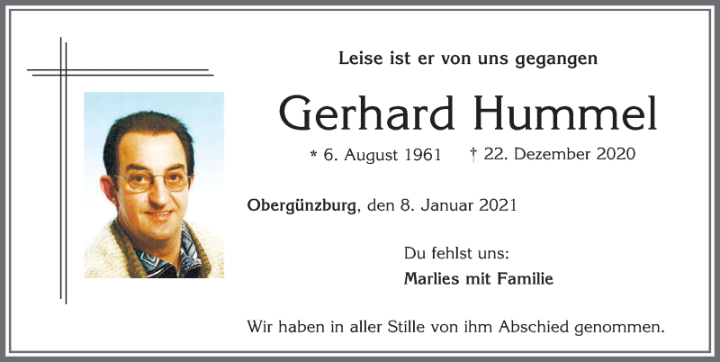  Traueranzeige für Gerhard Hummel vom 08.01.2021 aus Allgäuer Zeitung, Marktoberdorf
