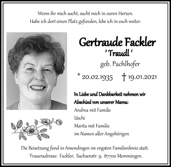 Traueranzeige von Gertraude Fackter von Memminger Zeitung