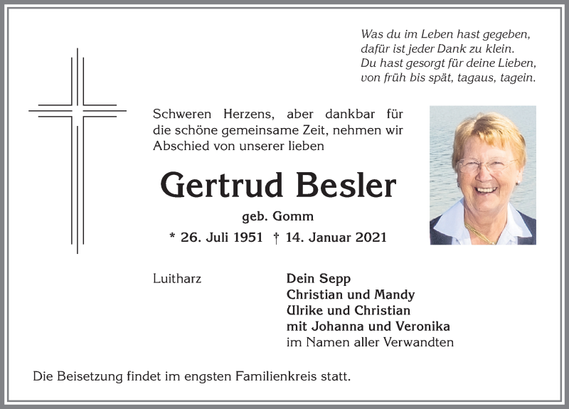  Traueranzeige für Gertrud Besler vom 18.01.2021 aus Allgäuer Anzeigeblatt