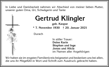 Traueranzeige von Gertrud Klingler von Allgäuer Zeitung,Kempten