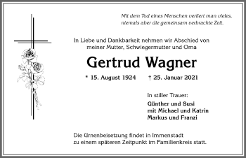 Traueranzeige von Gertrud Wagner von Allgäuer Anzeigeblatt